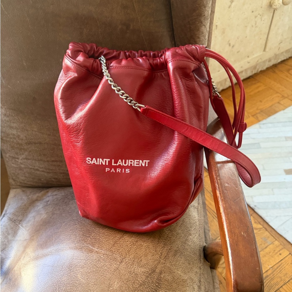 Saint Laurent Red Leather Drawstring Shoulder Bucket Bag with Chain